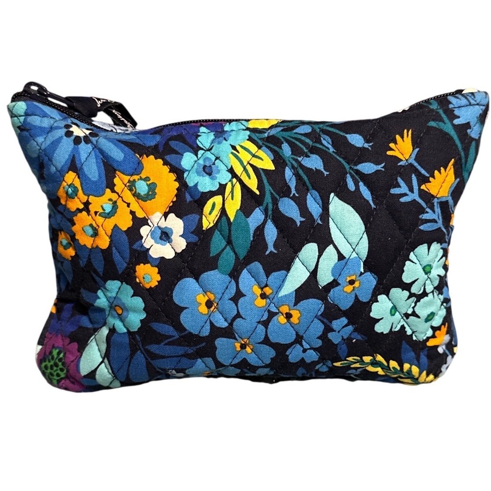 Vera Bradley Java Blue Quilted Cotton Floral Makeup Cosmetic Bag Zip Pouch